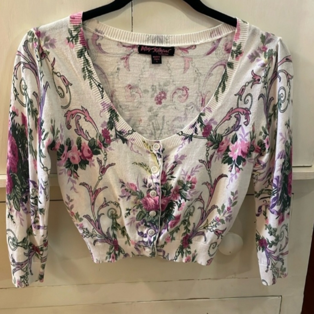 Betsey Johnson Floral Scoopneck Cardigan 95% cotton 5% cashmere size Small